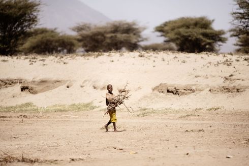 Dreng bærer grene i sand