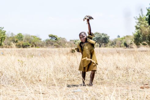 Pige løfter med den ene arm et dyr mens hun står på en mark