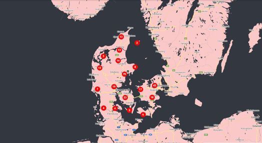Danmarkskort over antal og placering af Folkekirkens Nødhjælps genbrugsbutikker