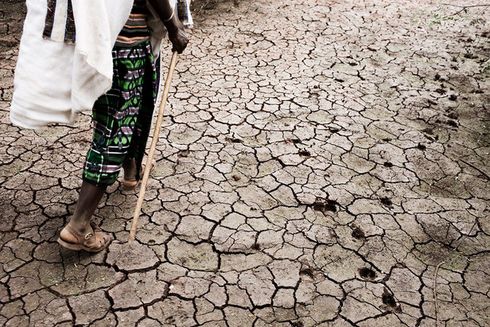 Kvinde går med stok på en udtørret og krakeleret vej