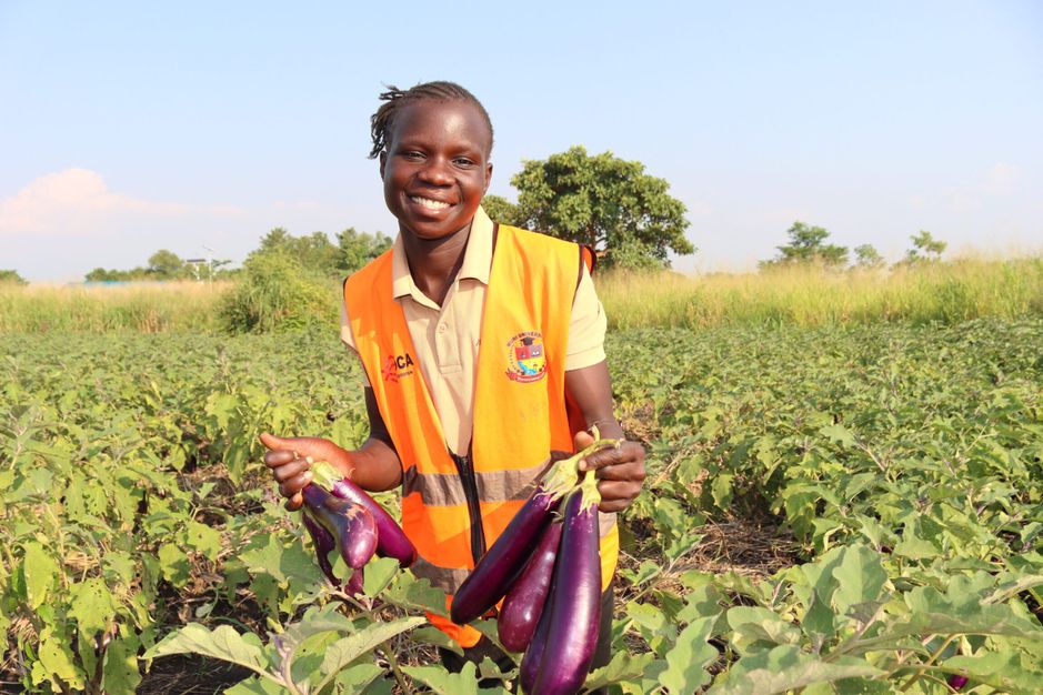 Harriet Drakuru on her eggplant farm in Imvepi