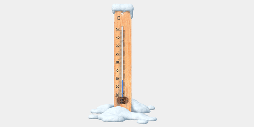 Termometer dækket af sne. Viser grader og er et symbol på ekstrem kulde