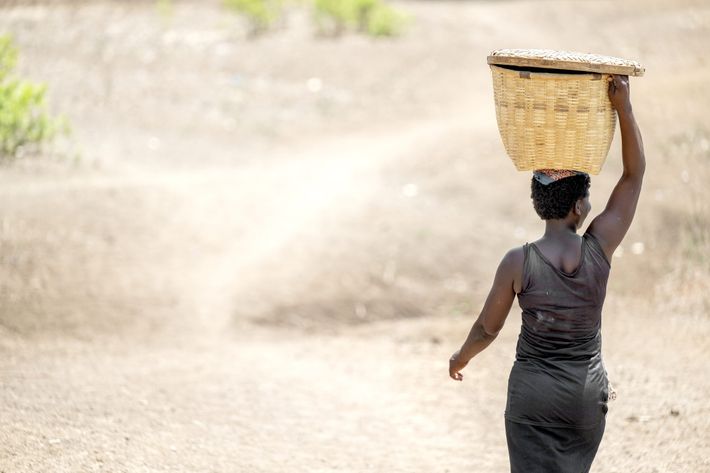 Woman walking with basket on head